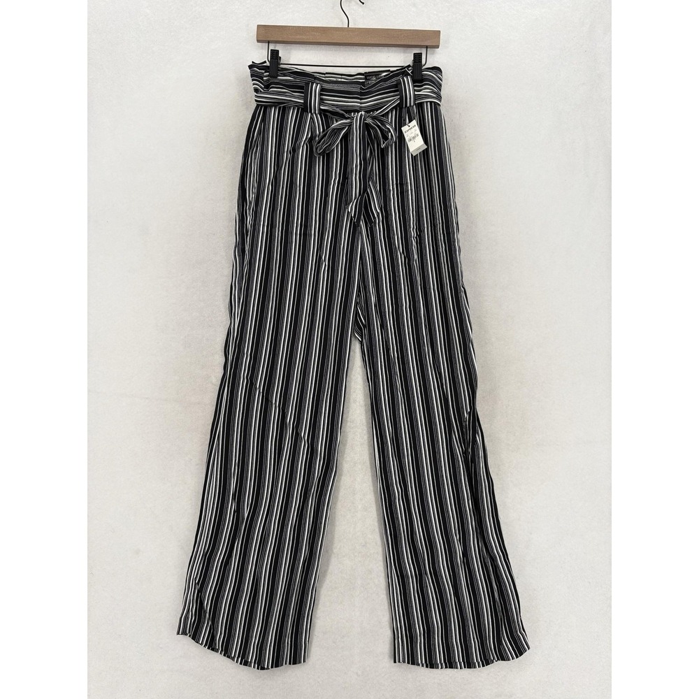 Express Wide Leg High Rise Paperbag Pants Womens 6 Black Striped Crepe Belted